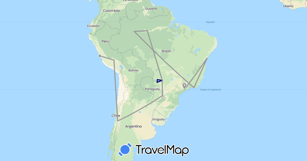 TravelMap itinerary: driving, plane in Brazil, Chile, Peru (South America)